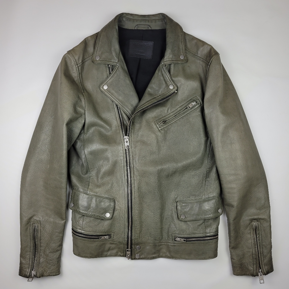All Saints Camo Green Akira Leather Jacket Size Large